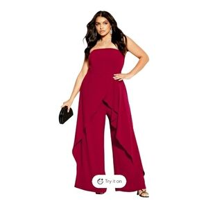 NWT City Chic Attract Jumpsuit, Elegant Burgundy Strapless Wide Leg Jumpsuit